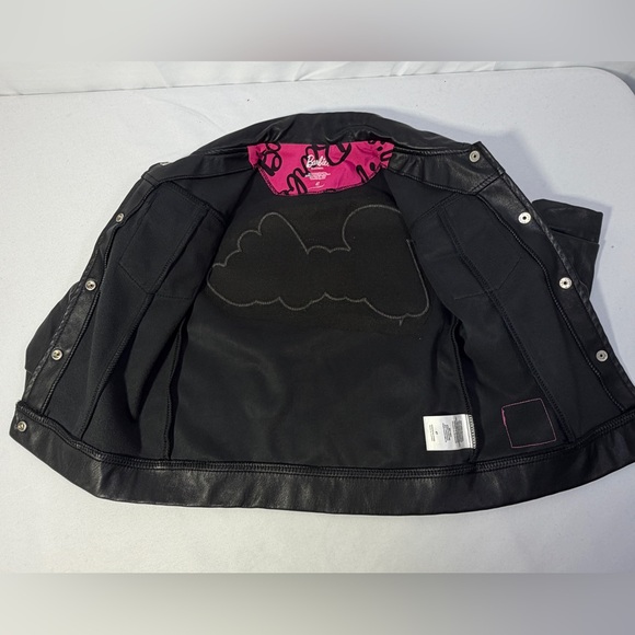 Barbie Girls Faux Leather Jacket Black Pink Logo Moto Biker Coat Size 4T - Picture 11 of 13